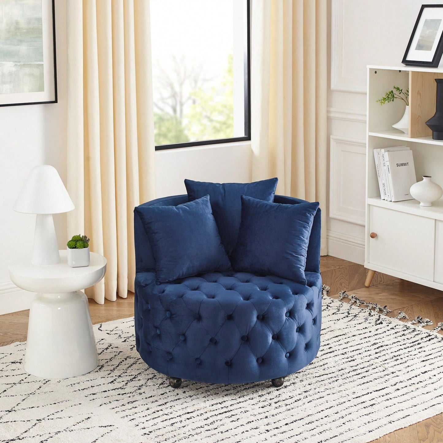 Velvet Swivel Accent Chair with Button Tufting and Wheels Comfortable Home Office Chair for Living Room Bedroom Includes 3 Pillows