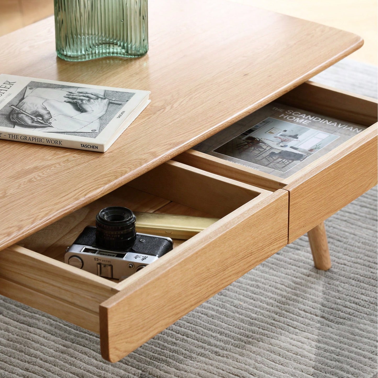 Natural Oak Solid Wood Coffee Table with Storage Drawers and Shelf for Living Room and Home Office