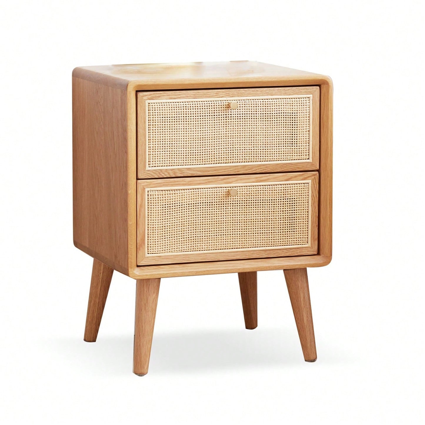 Mid Century Modern Solid Wood Nightstand with Rattan Drawer and High Legs Durable Oak Bedside Table