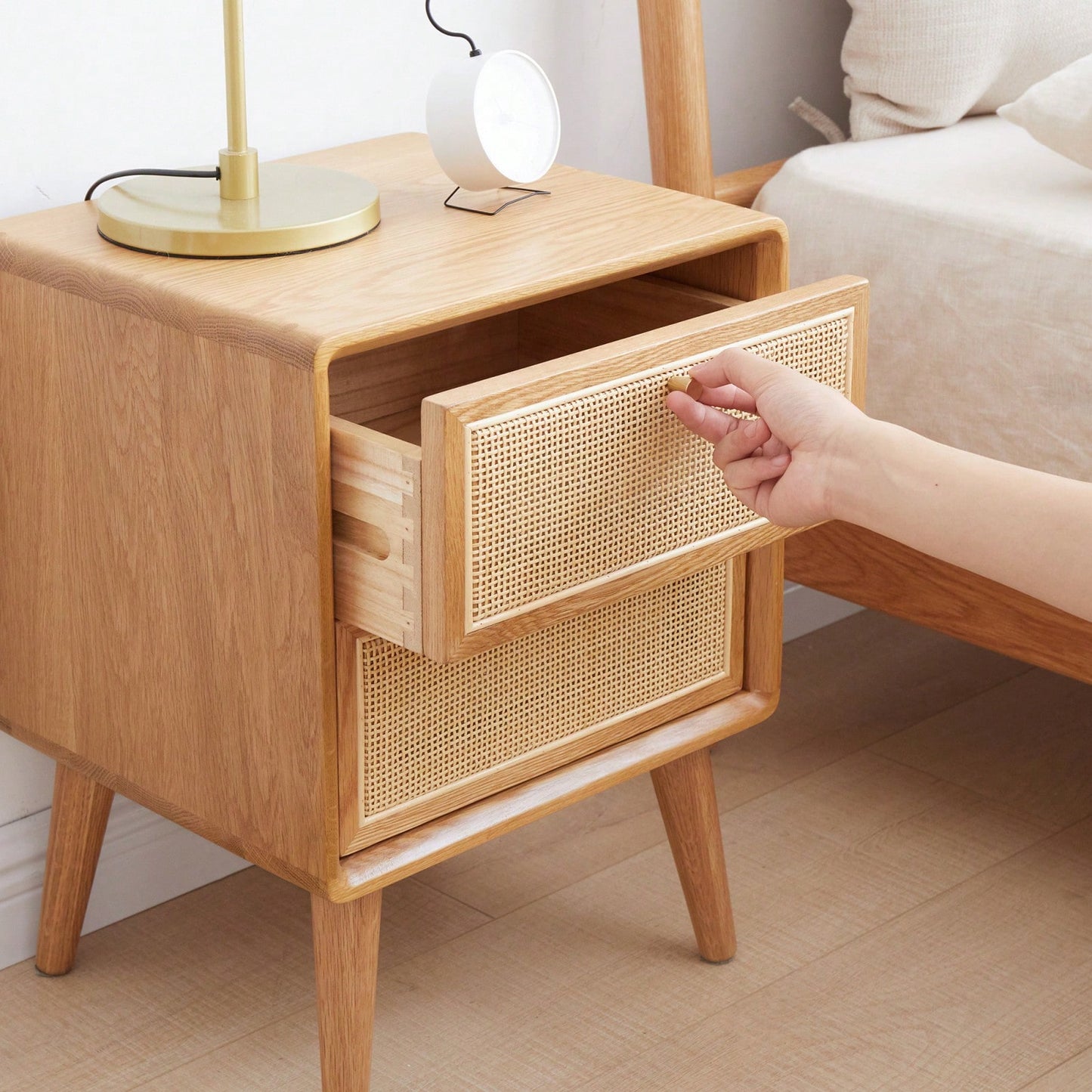 Mid Century Modern Solid Wood Nightstand with Rattan Drawer and High Legs Durable Oak Bedside Table