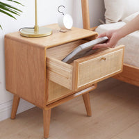 Mid Century Modern Solid Wood Nightstand with Rattan Drawer and High Legs Durable Oak Bedside Table