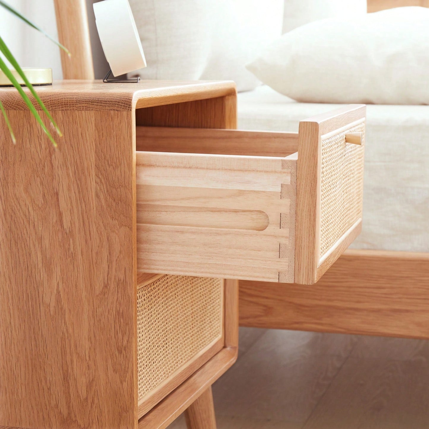 Mid Century Modern Solid Wood Nightstand with Rattan Drawer and High Legs Durable Oak Bedside Table