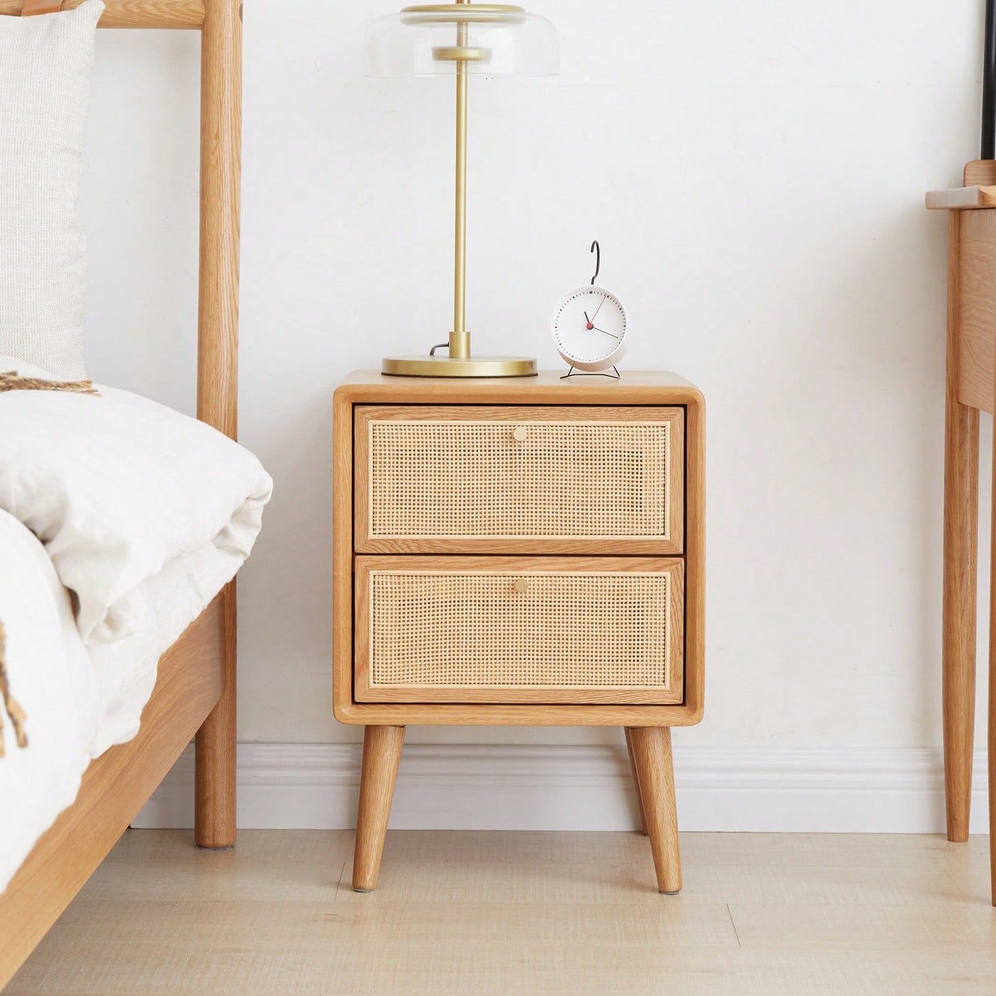 Mid Century Modern Solid Wood Nightstand with Rattan Drawer and High Legs Durable Oak Bedside Table