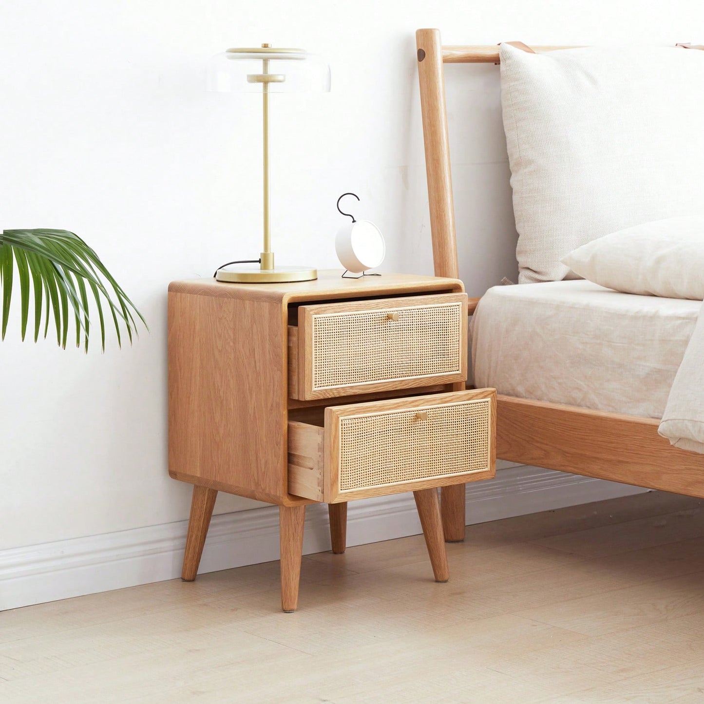 Mid Century Modern Solid Wood Nightstand with Rattan Drawer and High Legs Durable Oak Bedside Table