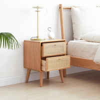 Mid Century Modern Solid Wood Nightstand with Rattan Drawer and High Legs Durable Oak Bedside Table