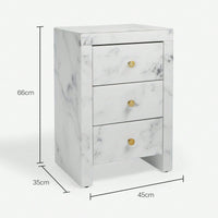 Elegant Marble Pattern Nightstand with 3 Drawers and Tempered Glass Top for Bedroom and Living Room Storage