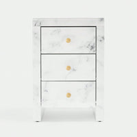 Elegant Marble Pattern Nightstand with 3 Drawers and Tempered Glass Top for Bedroom and Living Room Storage