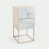 Elegant Pink and White Marble Nightstand with 2 Drawers and Tempered Glass Top for Bedroom and Living Room