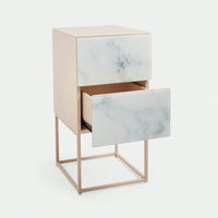 Elegant Pink and White Marble Nightstand with 2 Drawers and Tempered Glass Top for Bedroom and Living Room