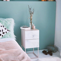 Elegant Pink and White Marble Nightstand with 2 Drawers and Tempered Glass Top for Bedroom and Living Room