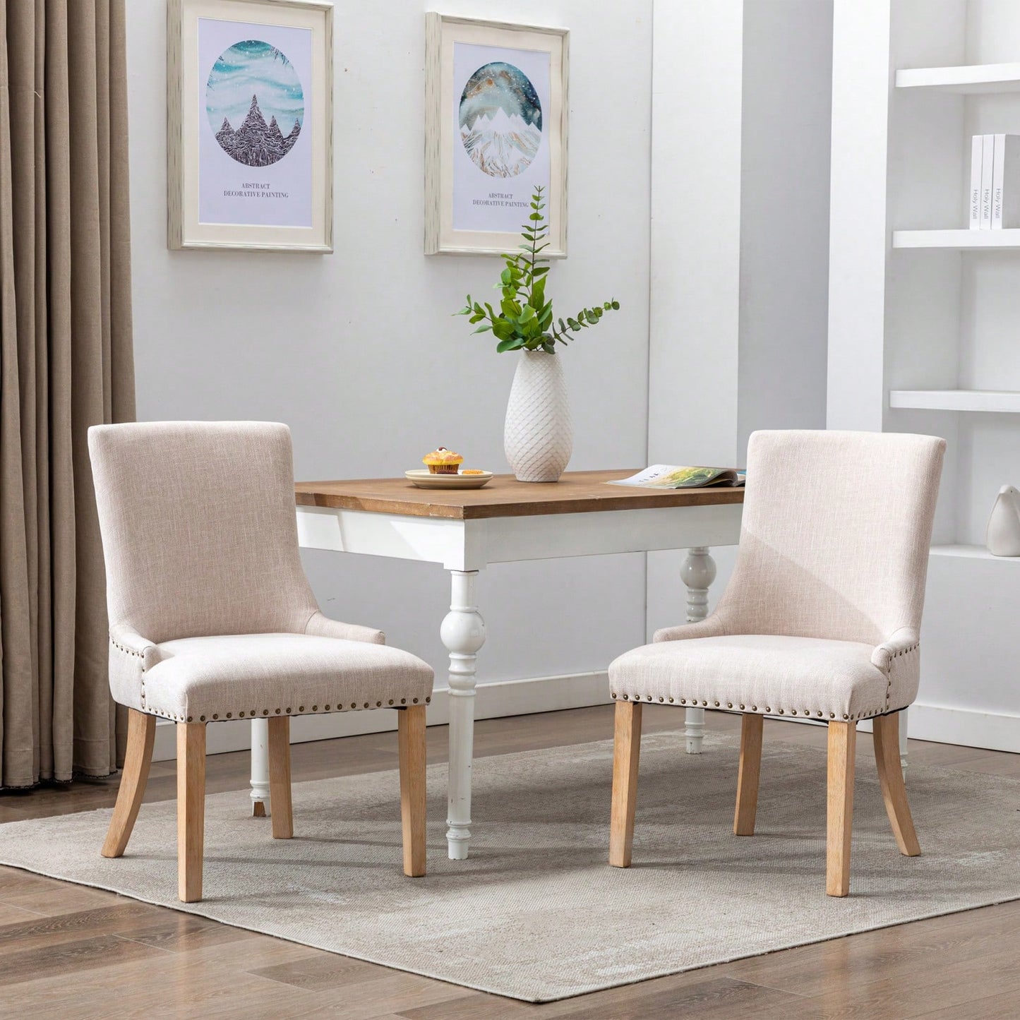 Set Of 2 Upholstered Dining Chairs, Fabric Padded Seat And Back, Solid Wood Legs, Nailed Trim, Beige, 280lbs Weight Capacity, Easy Assembly
