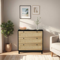 30 Inch Black Woven Storage Cabinet with 3 Easy Glide Drawers for Bedroom Living Room or Dining Room