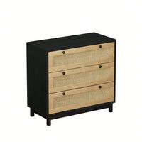 30 Inch Black Woven Storage Cabinet with 3 Easy Glide Drawers for Bedroom Living Room or Dining Room