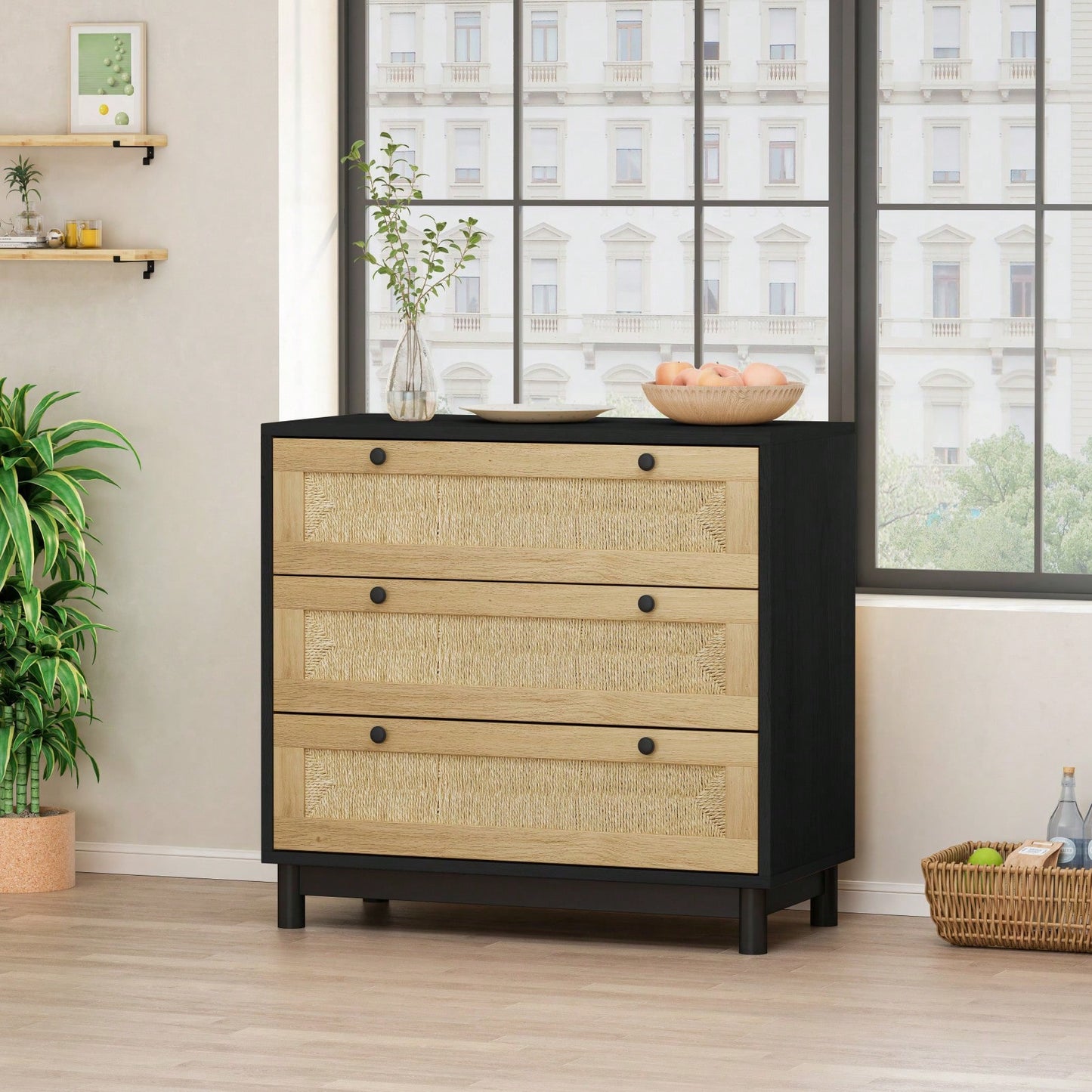 30 Inch Black Woven Storage Cabinet with 3 Easy Glide Drawers for Bedroom Living Room or Dining Room