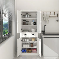 71 Inch Freestanding Kitchen Pantry Cabinet with 4 Doors Drawer and 2 Adjustable Shelves in White Finish for Kitchen Dining Storage