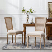 Farmhouse French Linen Dining Chairs with Rattan Back Set of 2 Comfortable Padded Seat Solid Wood Frame Easy Assembly