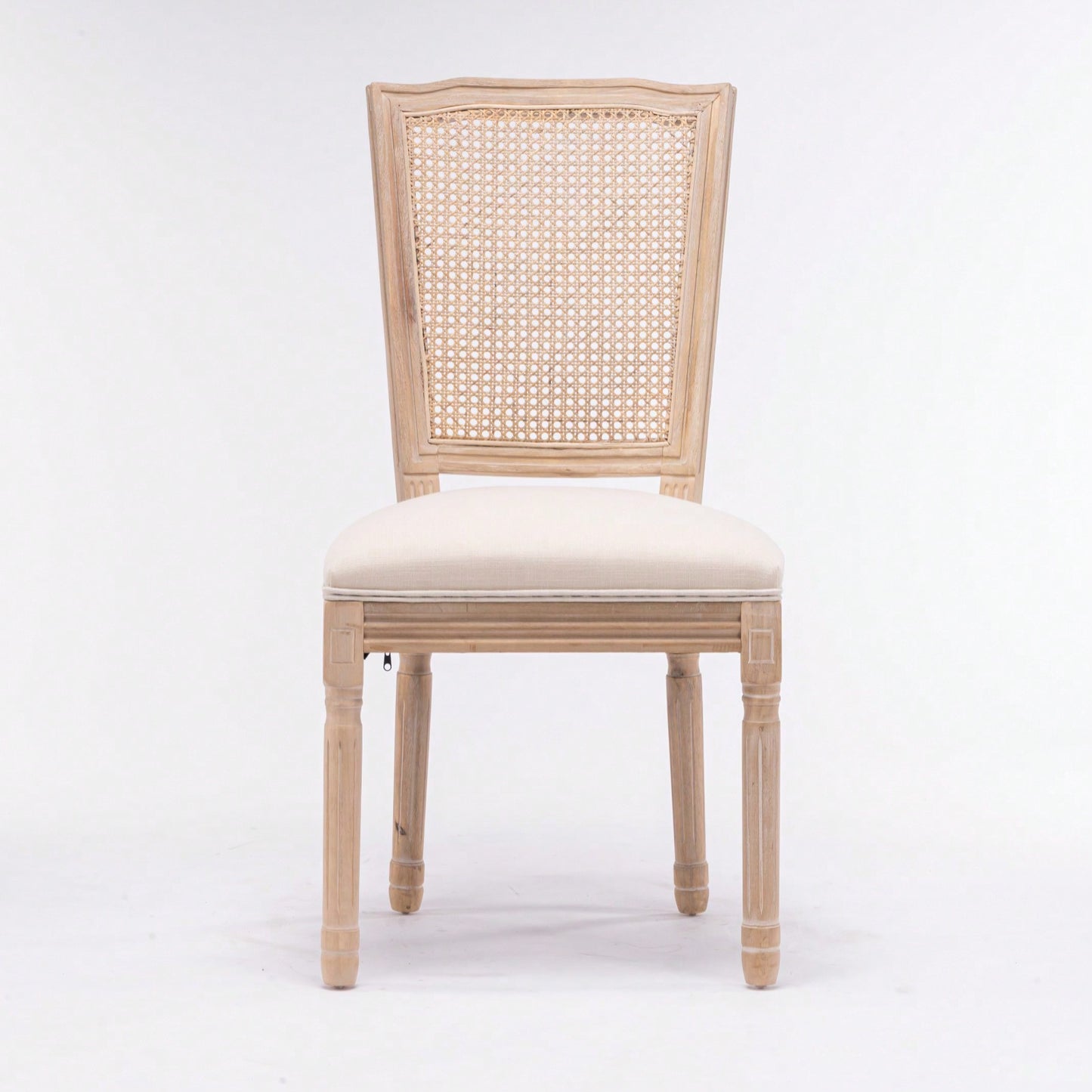 Farmhouse French Linen Dining Chairs with Rattan Back Set of 2 Comfortable Padded Seat Solid Wood Frame Easy Assembly