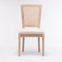 Farmhouse French Linen Dining Chairs with Rattan Back Set of 2 Comfortable Padded Seat Solid Wood Frame Easy Assembly