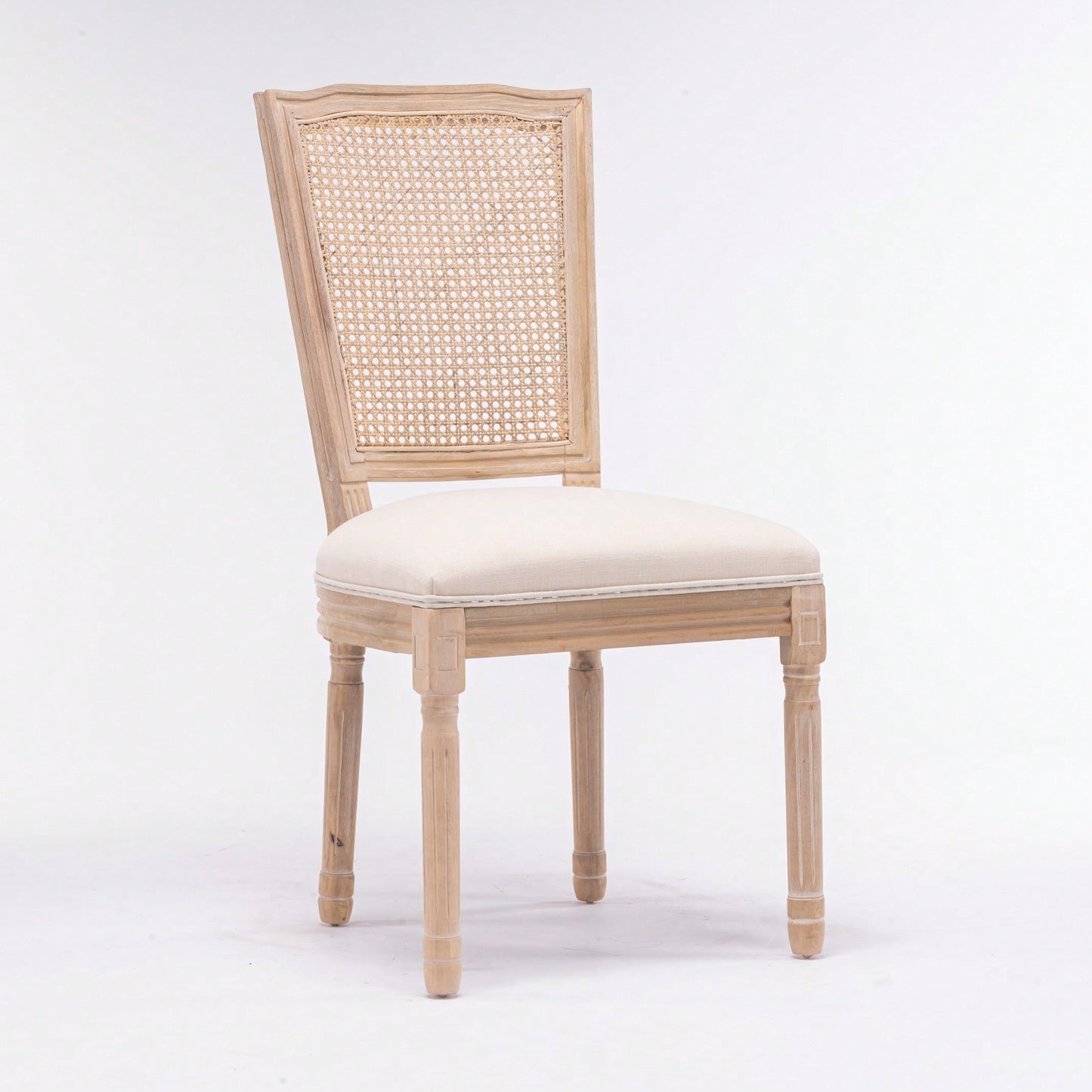Farmhouse French Linen Dining Chairs with Rattan Back Set of 2 Comfortable Padded Seat Solid Wood Frame Easy Assembly