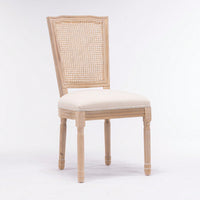 Farmhouse French Linen Dining Chairs with Rattan Back Set of 2 Comfortable Padded Seat Solid Wood Frame Easy Assembly