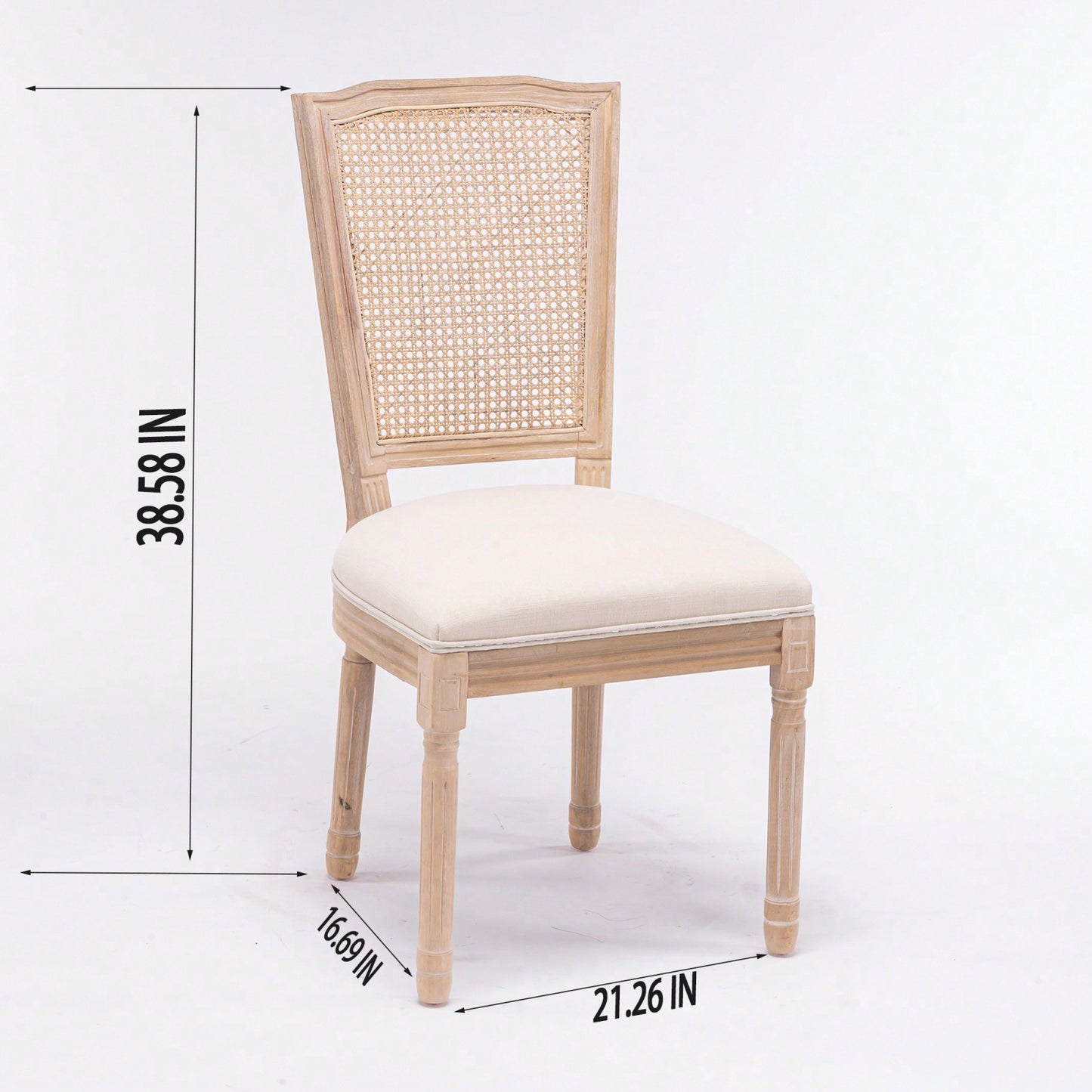 Farmhouse French Linen Dining Chairs with Rattan Back Set of 2 Comfortable Padded Seat Solid Wood Frame Easy Assembly