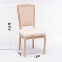 Farmhouse French Linen Dining Chairs with Rattan Back Set of 2 Comfortable Padded Seat Solid Wood Frame Easy Assembly