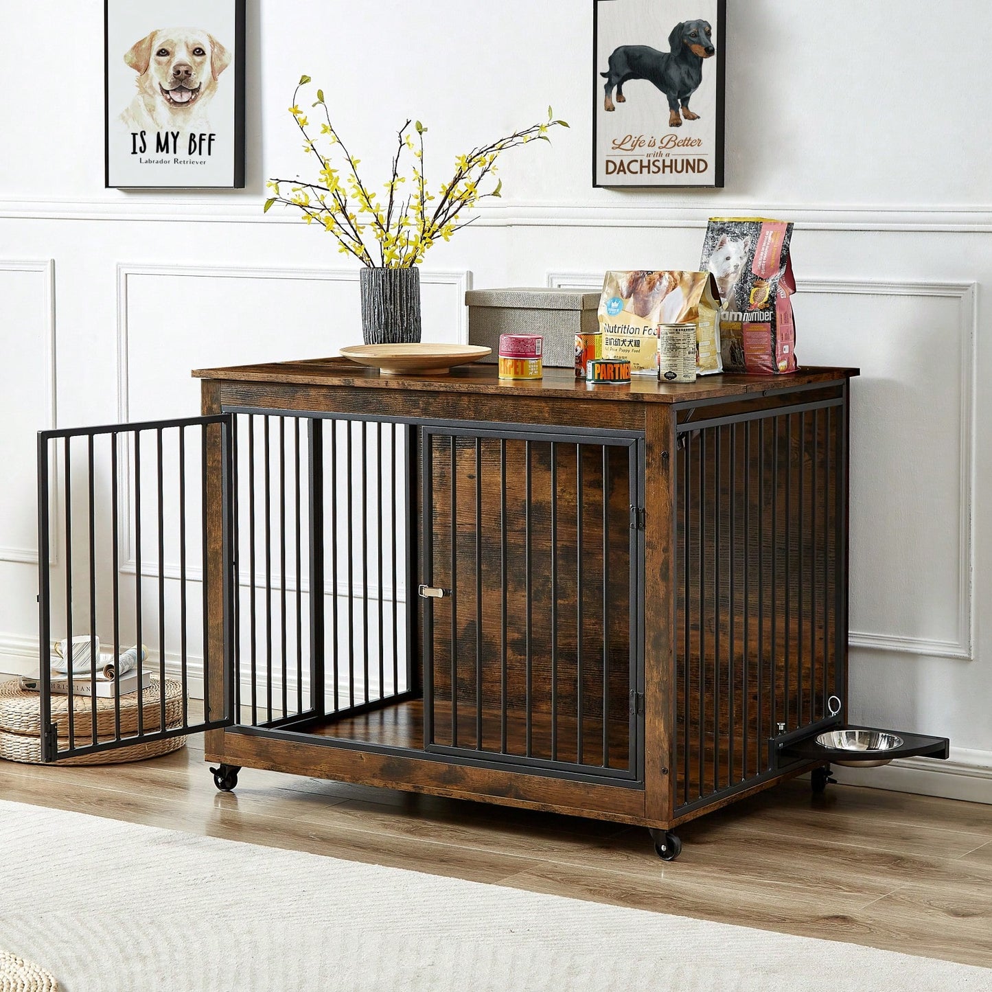 Rustic Dog Crate Furniture Side Table With Rotatable Bowls & Wheels