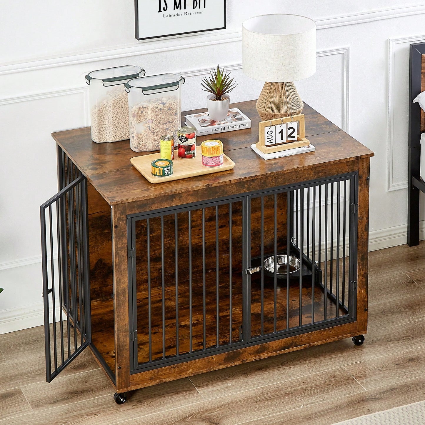 Rustic Dog Crate Furniture Side Table With Rotatable Bowls & Wheels