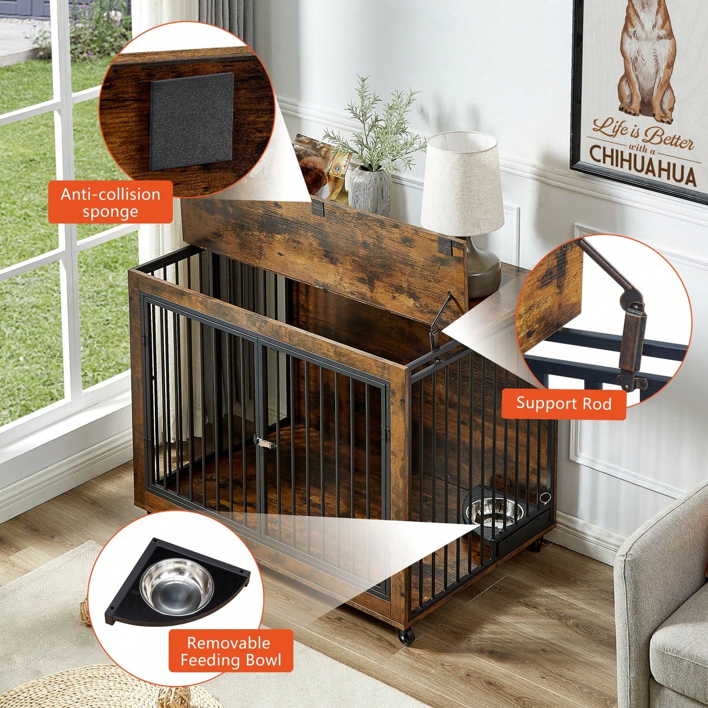 Rustic Dog Crate Furniture Side Table With Rotatable Bowls & Wheels