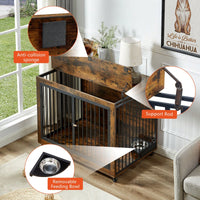 Rustic Dog Crate Furniture Side Table With Rotatable Bowls & Wheels