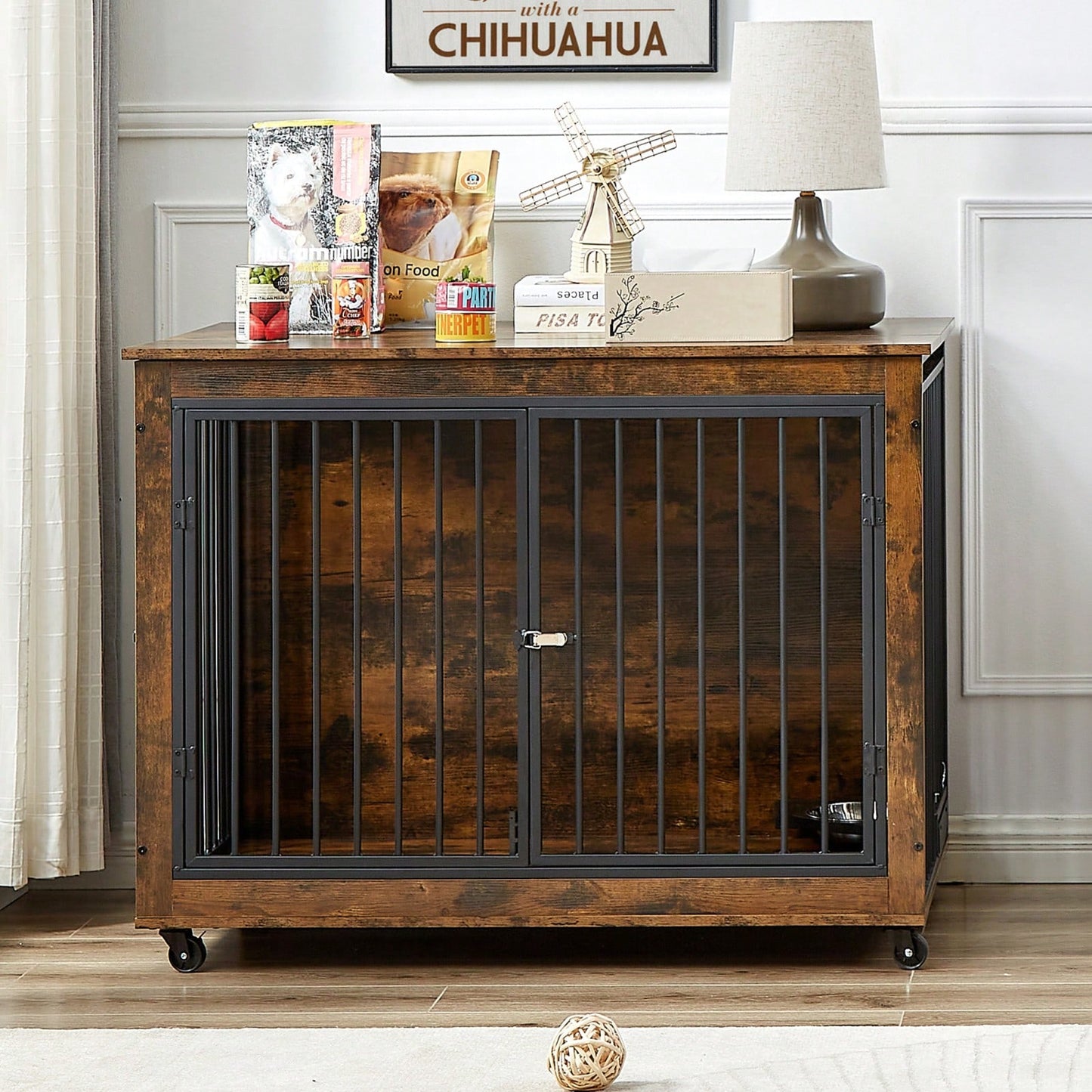 Rustic Dog Crate Furniture Side Table With Rotatable Bowls & Wheels