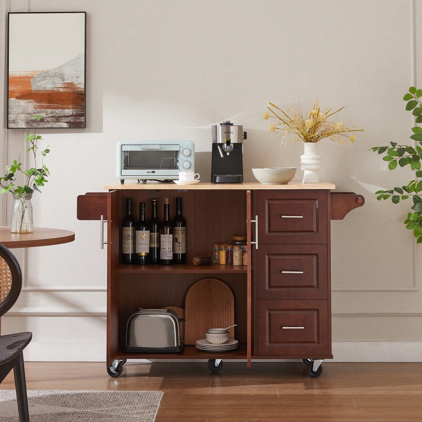 Mobile Kitchen Island Cart with Wood Top and Storage Drawers on Wheels for Small Spaces