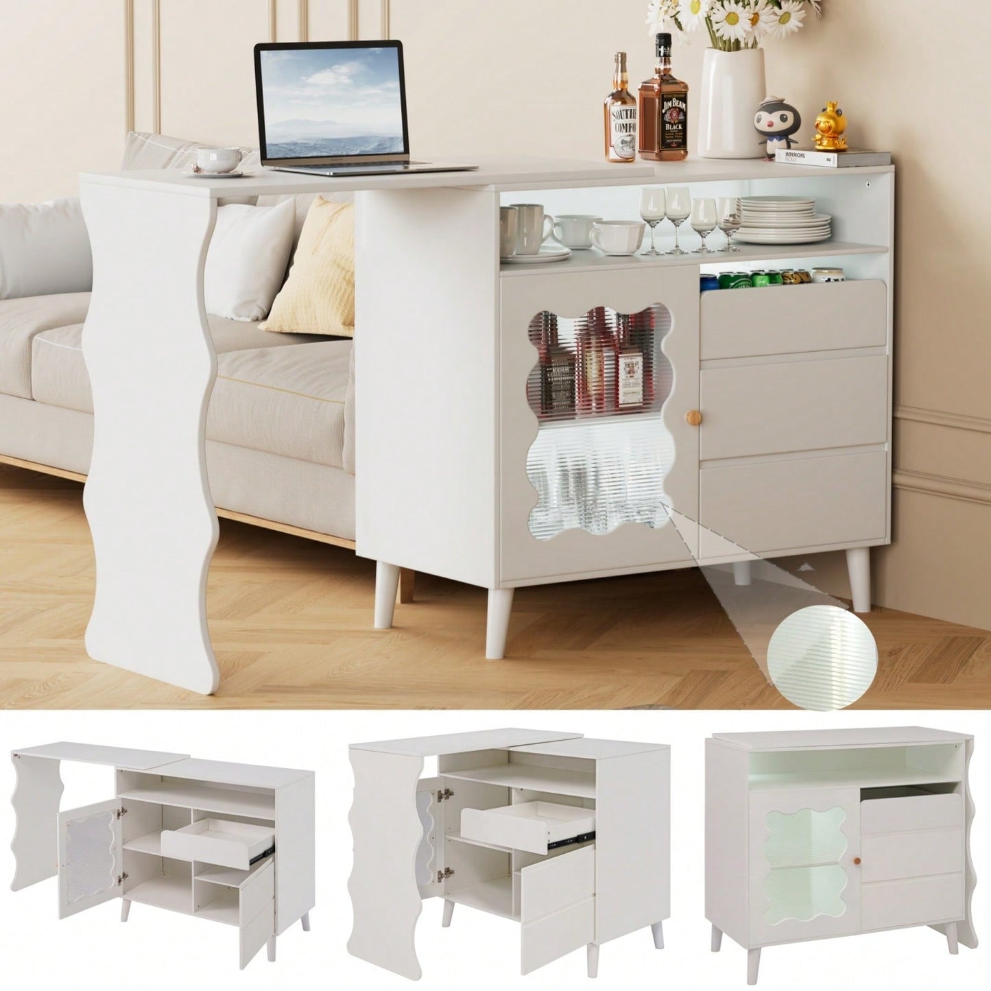 L-Shaped Corner Desk with Drawers and LED Lights Reversible Modern Workstation for Home Office 41 to 79 Inches