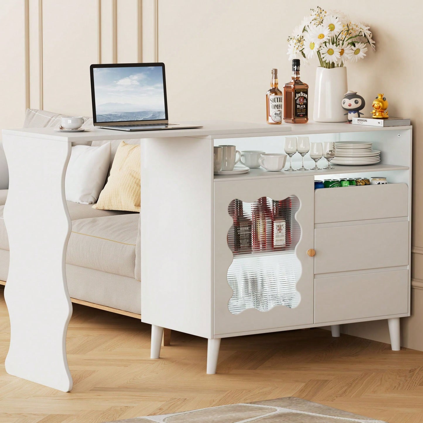 L-Shaped Corner Desk with Drawers and LED Lights Reversible Modern Workstation for Home Office 41 to 79 Inches