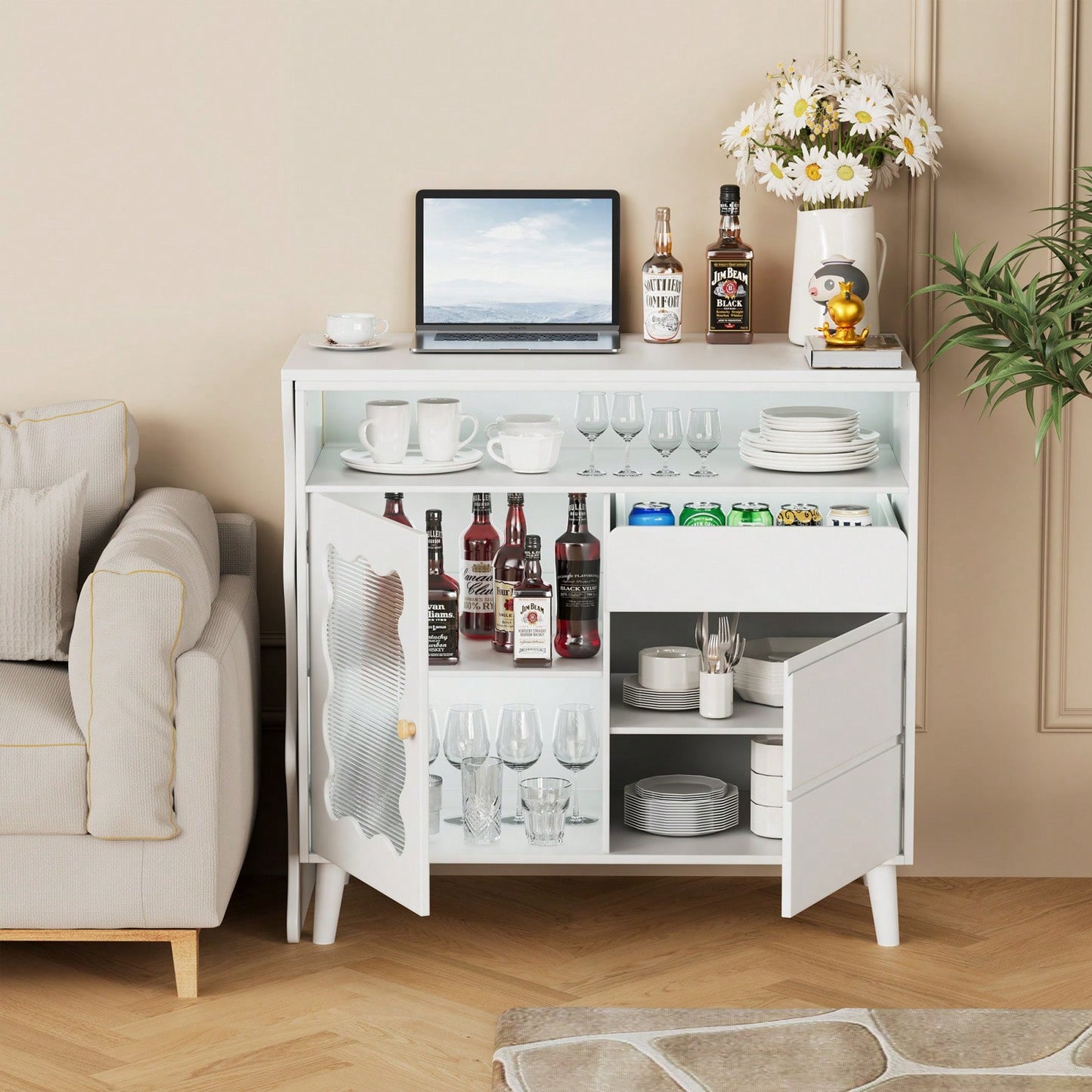 L-Shaped Corner Desk with Drawers and LED Lights Reversible Modern Workstation for Home Office 41 to 79 Inches