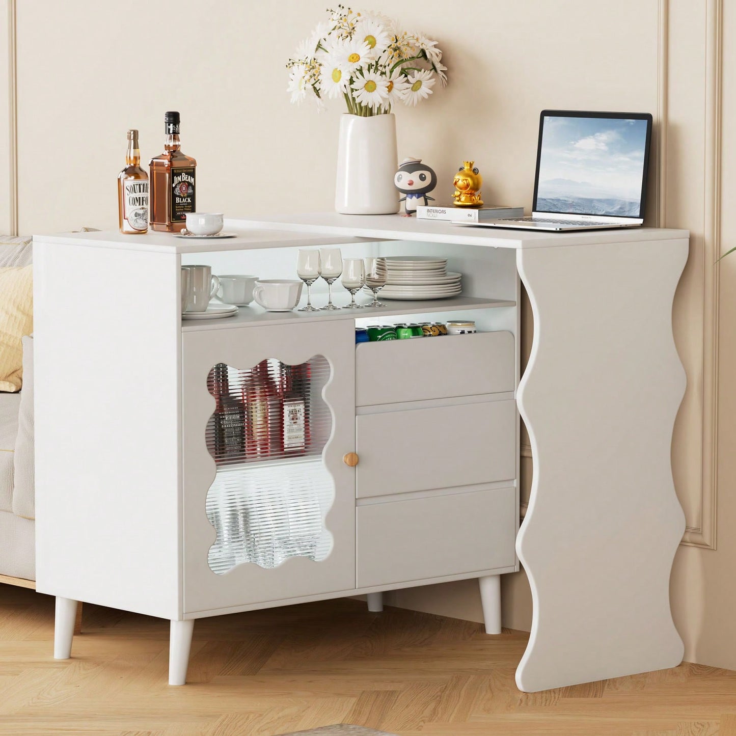 L-Shaped Corner Desk with Drawers and LED Lights Reversible Modern Workstation for Home Office 41 to 79 Inches