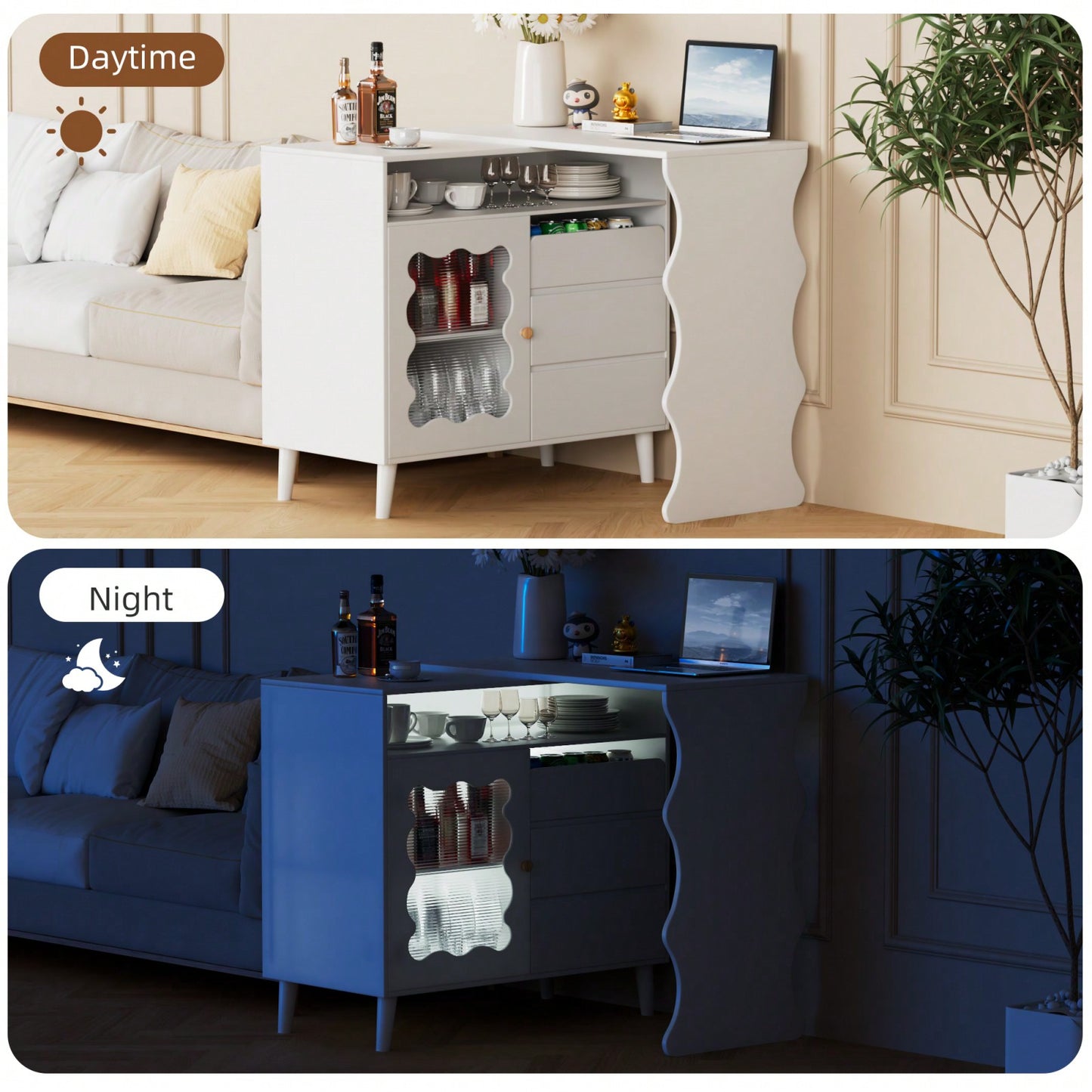 L-Shaped Corner Desk with Drawers and LED Lights Reversible Modern Workstation for Home Office 41 to 79 Inches