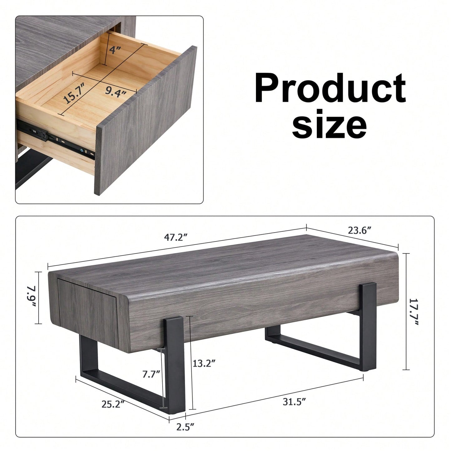 Rustic Coffee Table With Storage Drawers, Industrial Living Room Table With Solid Wood Drawers & Durable Metal Legs, Easy Assembly