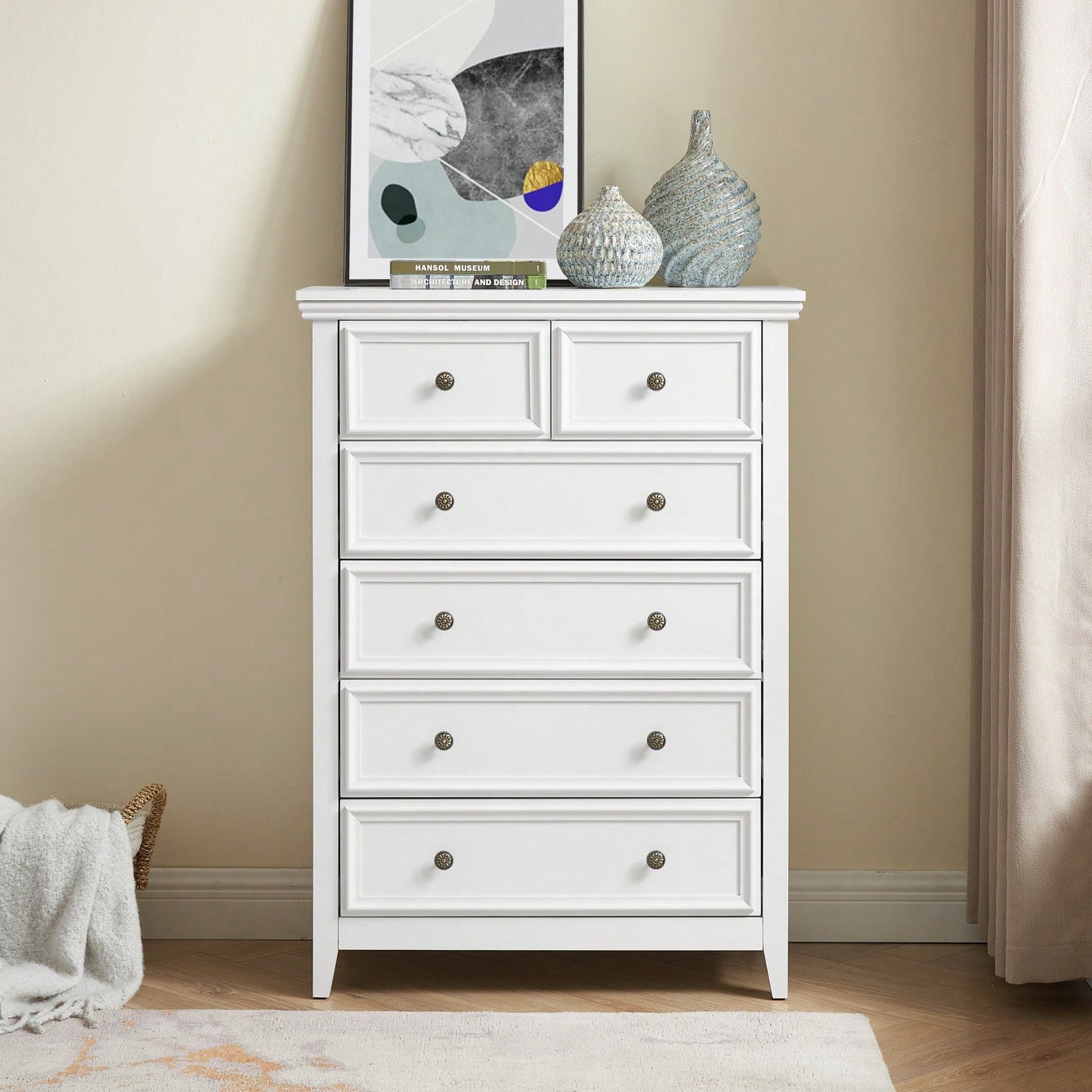 6 Drawer Dresser For Bedroom, Modern Farmhouse Storage Cabinet With Wood Top, Easy Glide Metal Rails, Anti-Tip Design