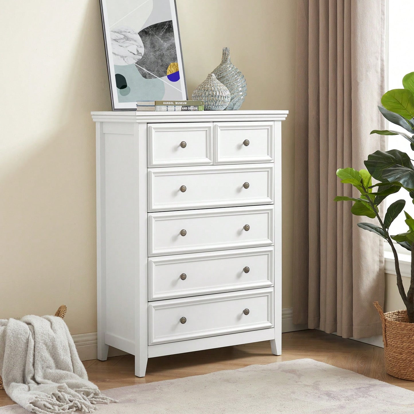 6 Drawer Dresser For Bedroom, Modern Farmhouse Storage Cabinet With Wood Top, Easy Glide Metal Rails, Anti-Tip Design