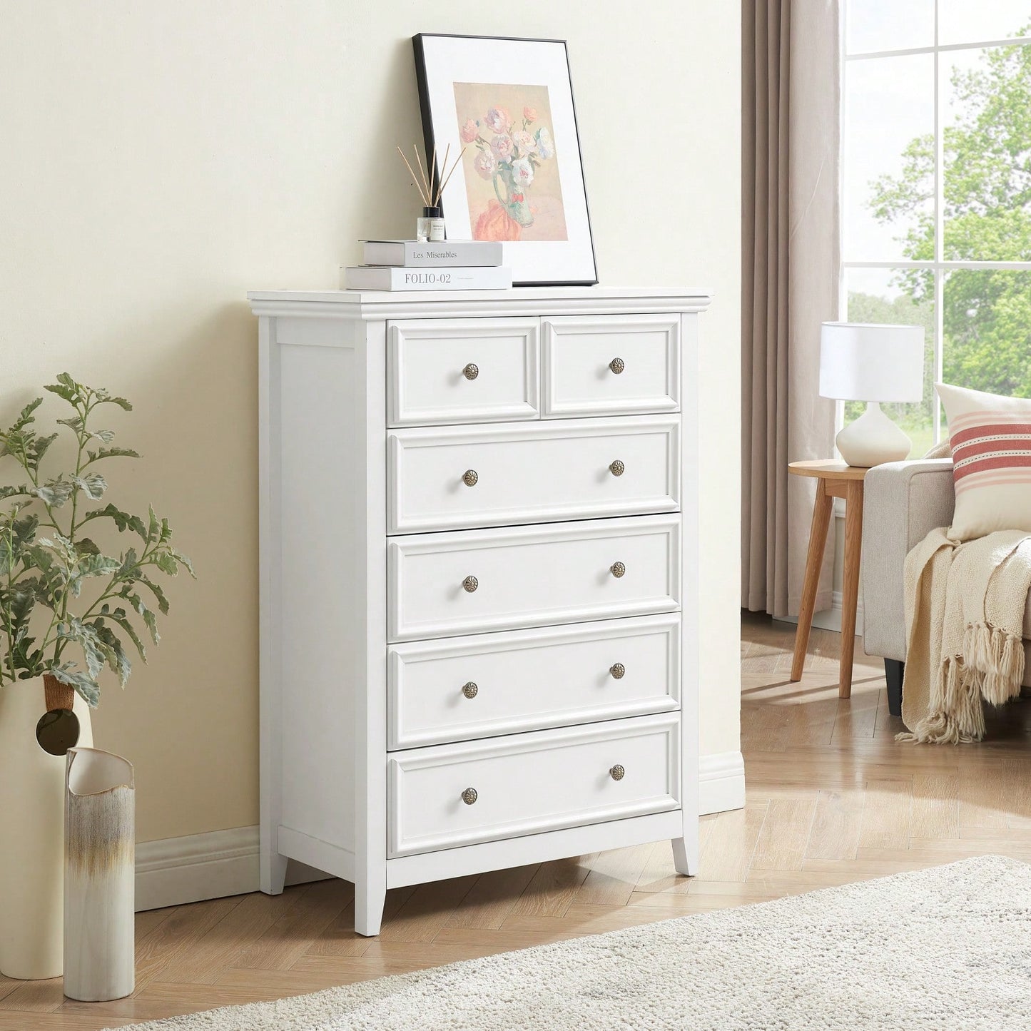 6 Drawer Dresser For Bedroom, Modern Farmhouse Storage Cabinet With Wood Top, Easy Glide Metal Rails, Anti-Tip Design