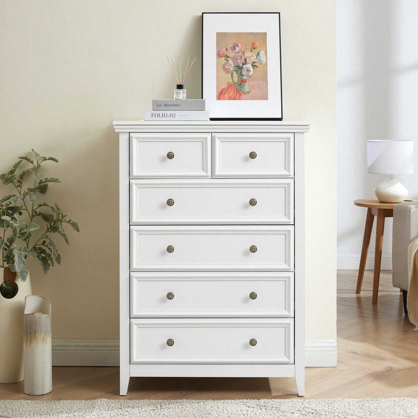 6 Drawer Dresser For Bedroom, Modern Farmhouse Storage Cabinet With Wood Top, Easy Glide Metal Rails, Anti-Tip Design