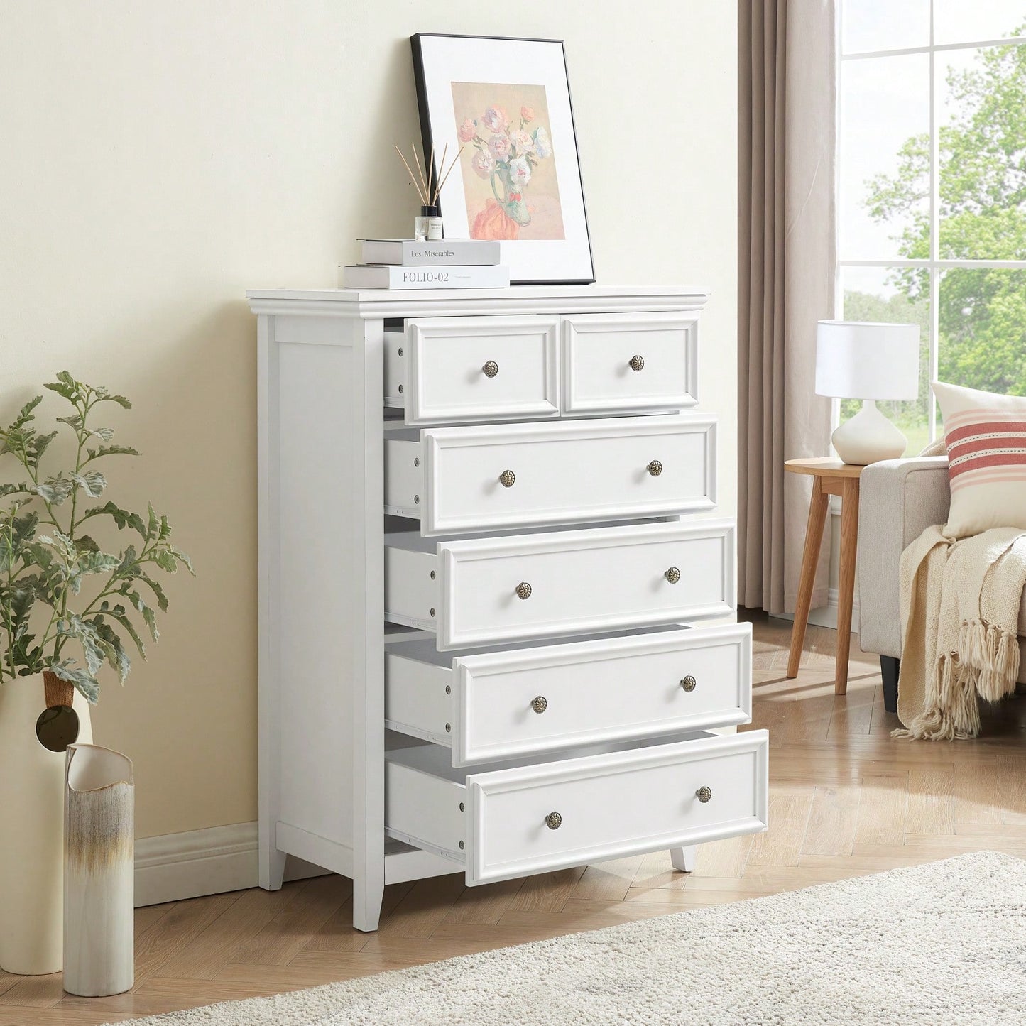 6 Drawer Dresser For Bedroom, Modern Farmhouse Storage Cabinet With Wood Top, Easy Glide Metal Rails, Anti-Tip Design