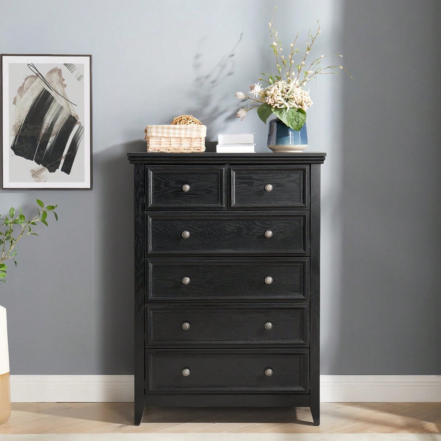 6 Drawer Dresser For Bedroom, Modern Farmhouse Storage Cabinet With Wood Top, Easy Glide Metal Rails, Anti-Tip Design