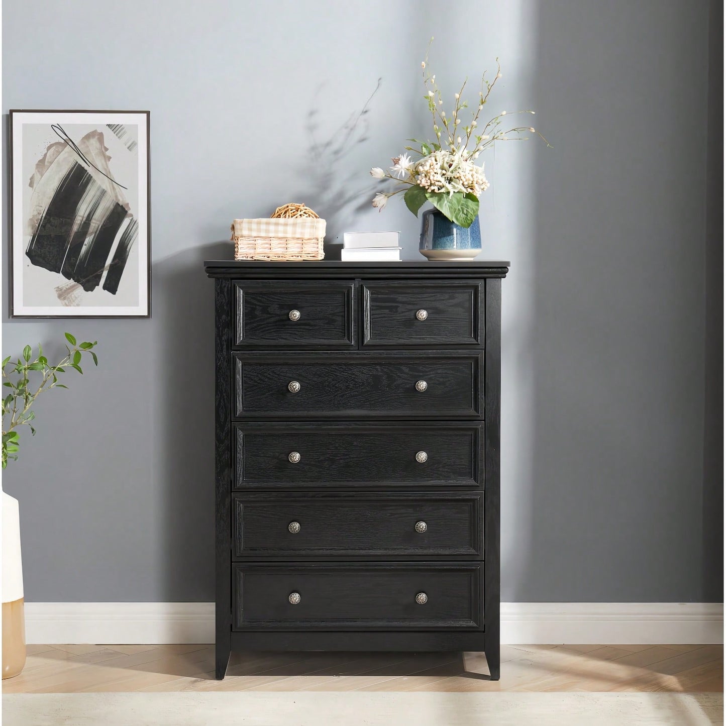 6 Drawer Dresser For Bedroom, Modern Farmhouse Storage Cabinet With Wood Top, Easy Glide Metal Rails, Anti-Tip Design