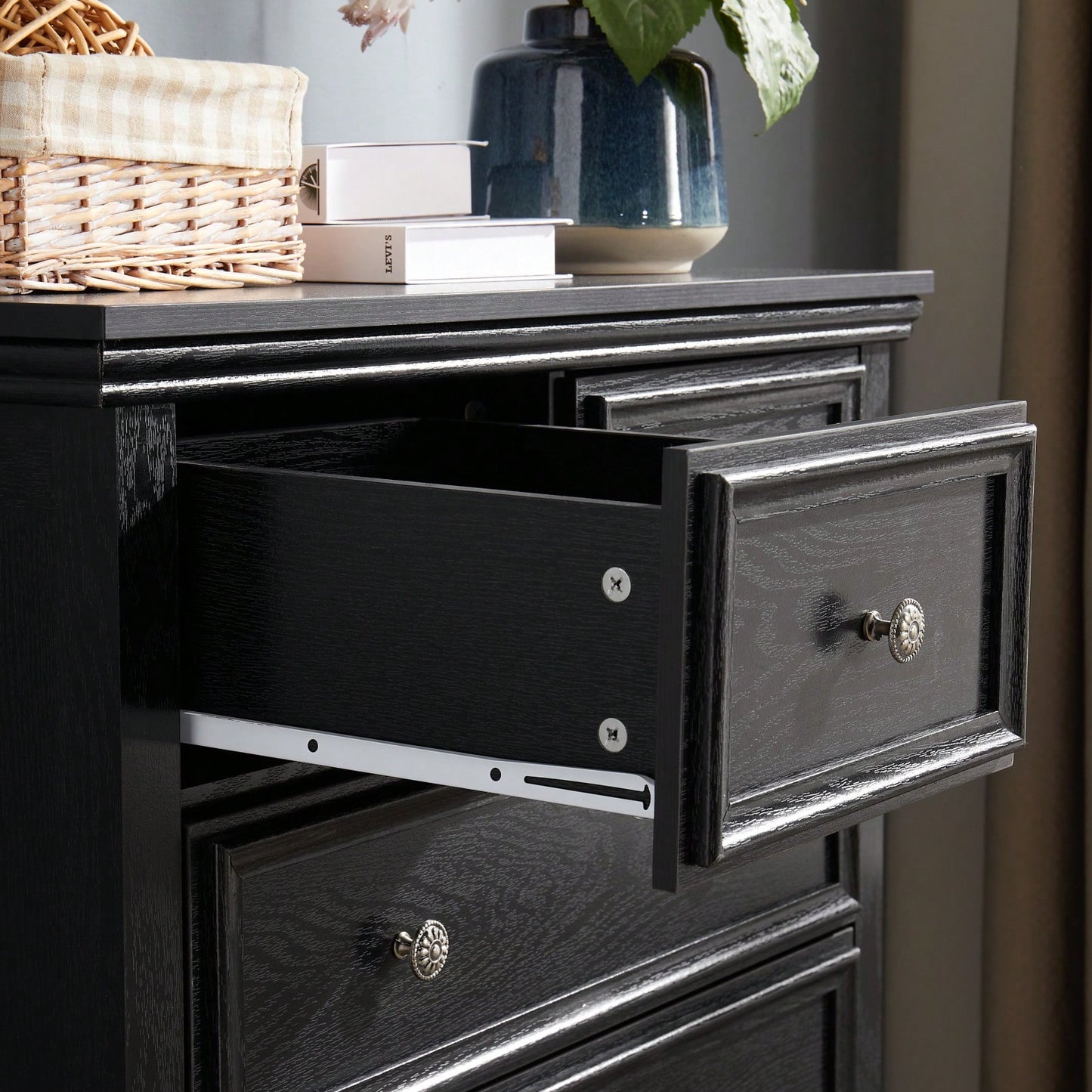 6 Drawer Dresser For Bedroom, Modern Farmhouse Storage Cabinet With Wood Top, Easy Glide Metal Rails, Anti-Tip Design