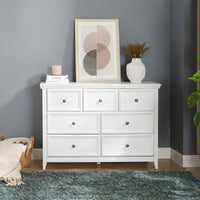 Farmhouse 7 Drawer Dresser for Bedroom and Closet Storage with Smooth Glide Drawers and Metal Handles 47 Inch White Cabinet