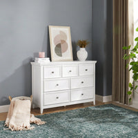 Farmhouse 7 Drawer Dresser for Bedroom and Closet Storage with Smooth Glide Drawers and Metal Handles 47 Inch White Cabinet