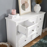 Farmhouse 7 Drawer Dresser for Bedroom and Closet Storage with Smooth Glide Drawers and Metal Handles 47 Inch White Cabinet