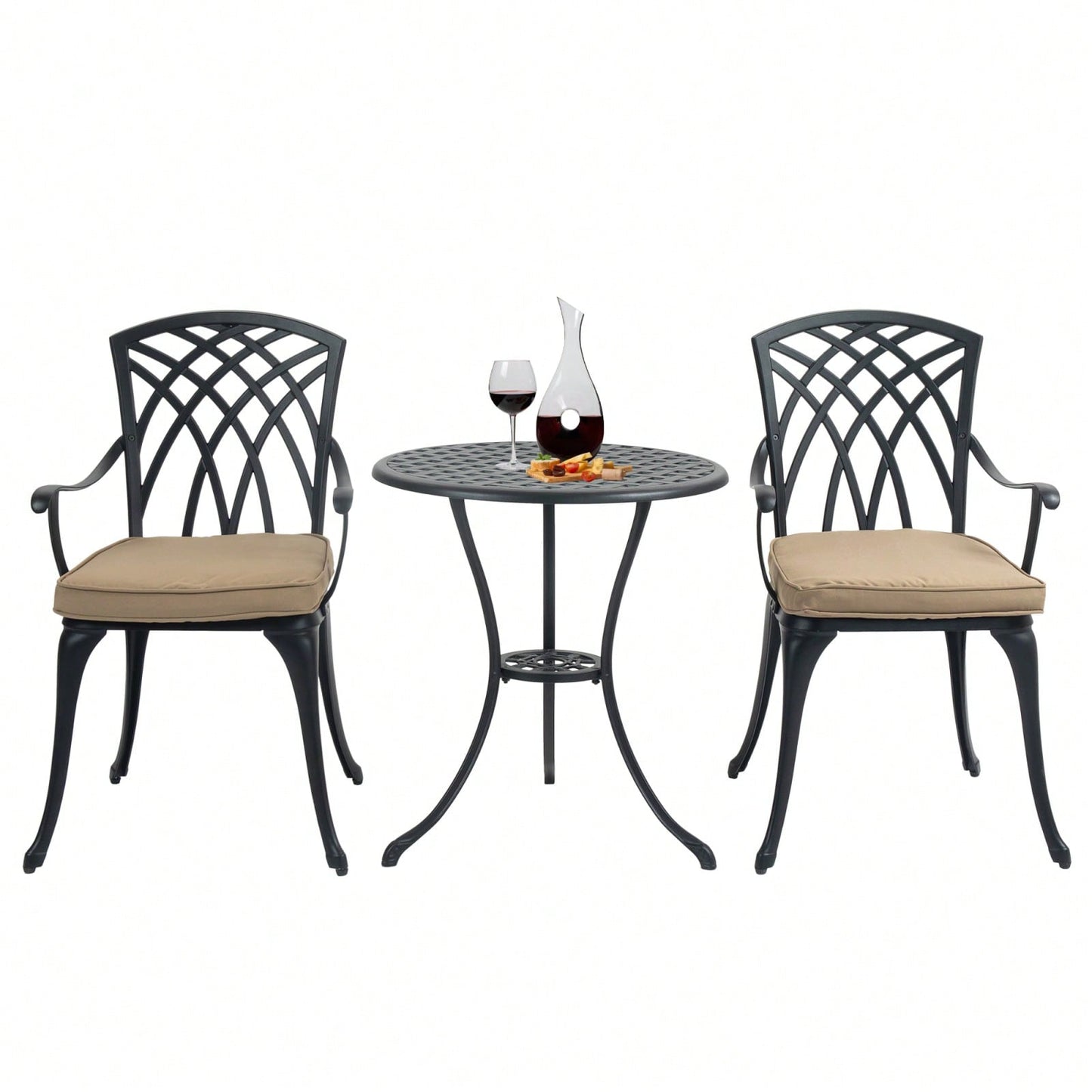 Stylish 3 Piece Cast Aluminum Bistro Set with Cushions for Outdoor Dining Umbrella Hole Ideal for Balcony Garden Lawn